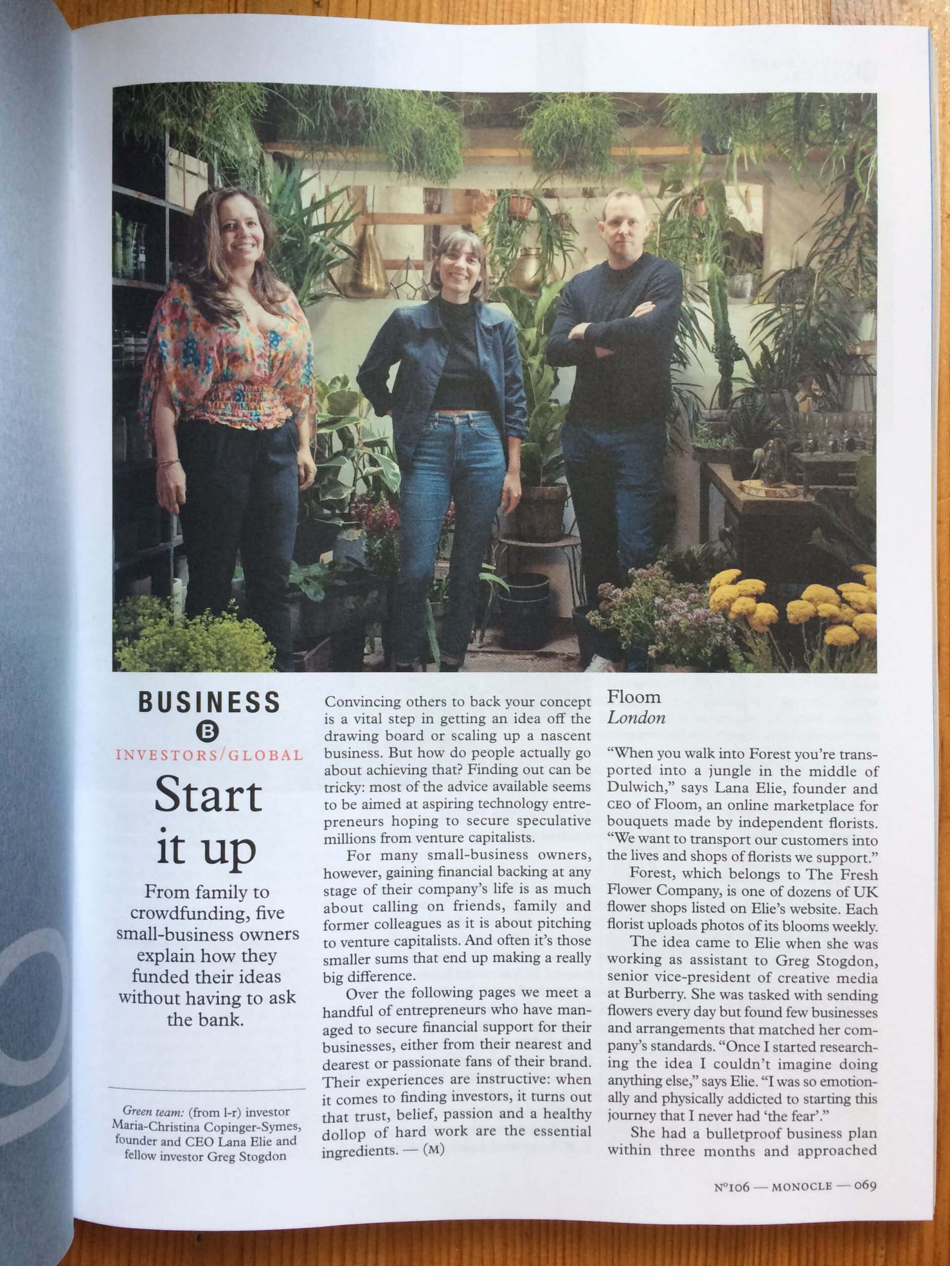 Floom founder Lana Elie photographed with investors Greg Stogdon and Maria-Christina at The Fresh Flower workshop in East Dulwich, London for Monocle magazine