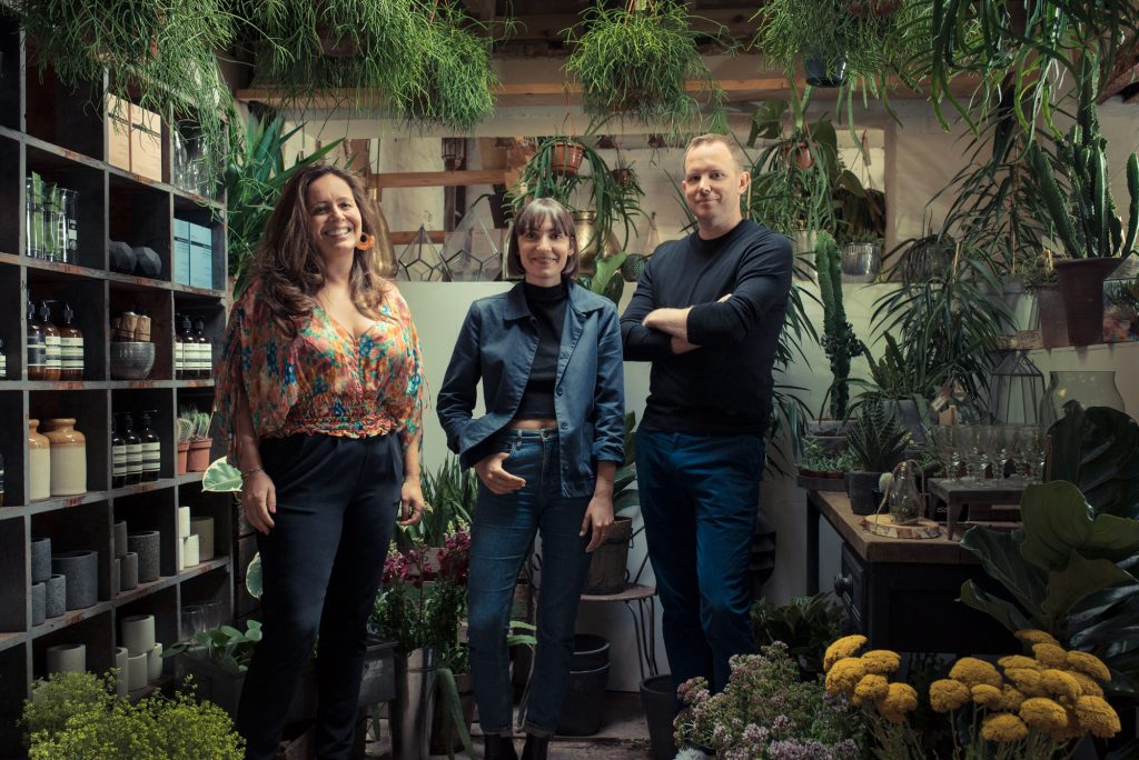 Floom founder Lana Elie photographed with investors Greg Stogdon and Maria-Christina at The Fresh Flower workshop in East Dulwich, London for Monocle magazine