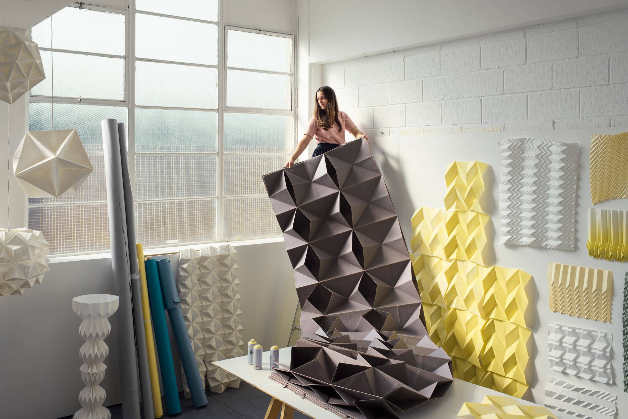 Origami artist, Kyla McCallum of Foldability photographed in her studio, East London for San Miguel rich list 2017 and Evening Standard.
